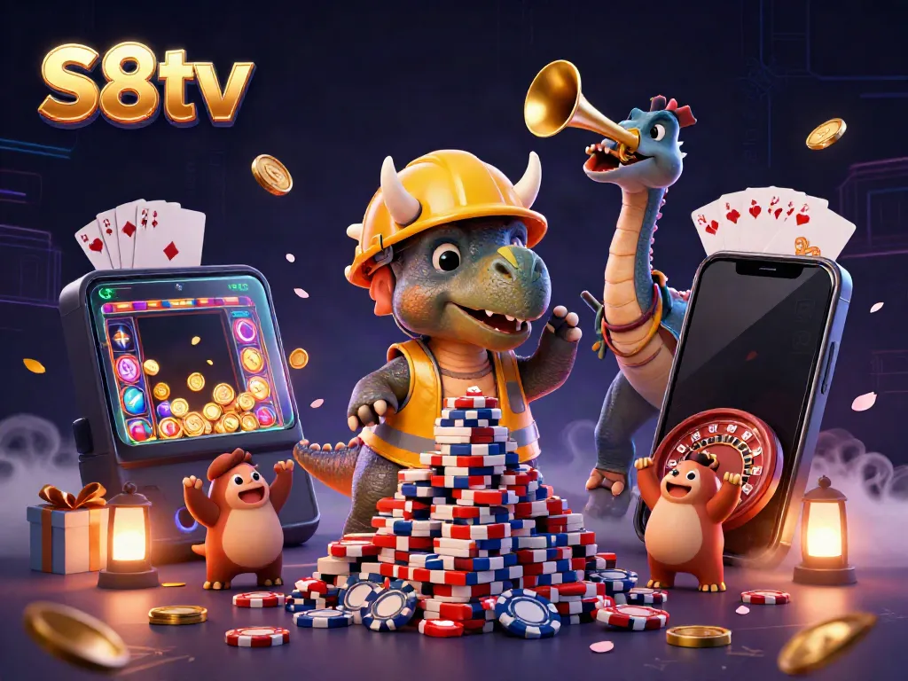 Experience the thrill of S8tv with a cheerful triceratops building a poker chip pyramid in a vibrant 3D casino scene.
