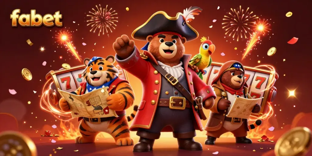 Join the adventure with fabet's gaming scene featuring a bear pirate and tiger first mate amidst explosive wins!