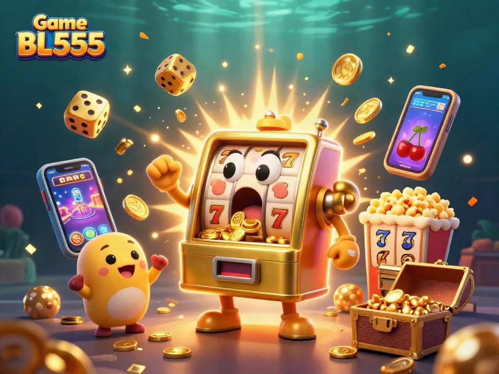 Experience the excitement of Game BL555 with golden slot machines hitting jackpots and cheering fans.