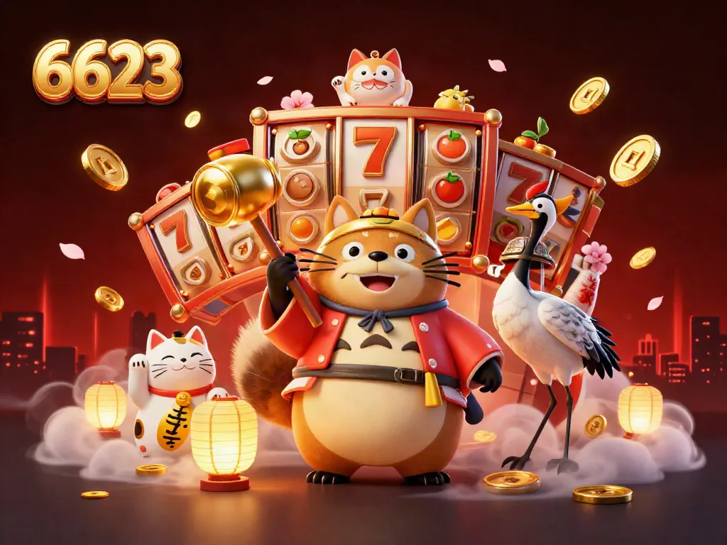 Experience the vibrant casino energy at 6623 with cheerful tanuki celebrating and jackpot symbols surrounding.