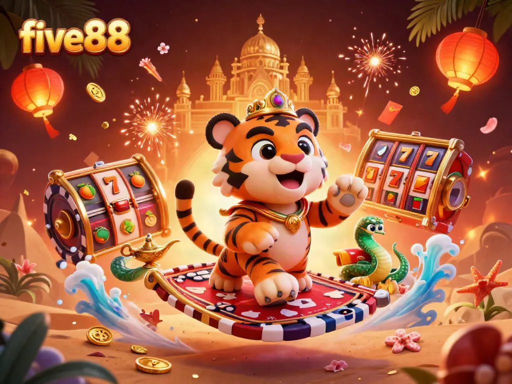 five88 presents a vibrant casino scene with a tiger sultan, slot reels, and colorful elements for gamblers