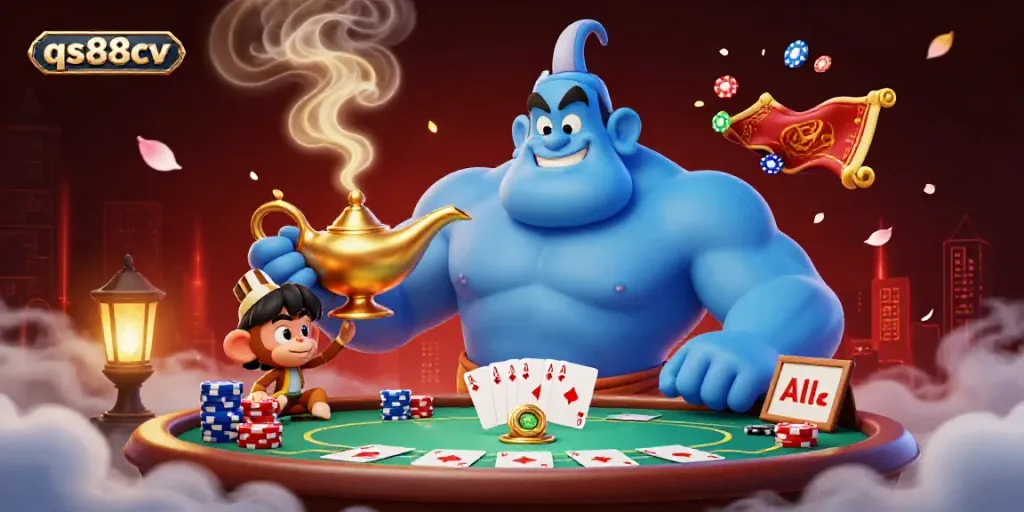 Experience the thrill of qs88cv with a vibrant illustration of a genie, monkey, and poker elements.