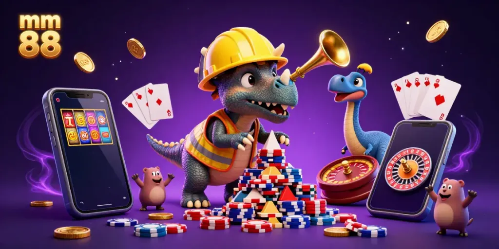 Experience the thrills of mm 88 with a dynamic casino scene featuring colorful elements and engaging characters.