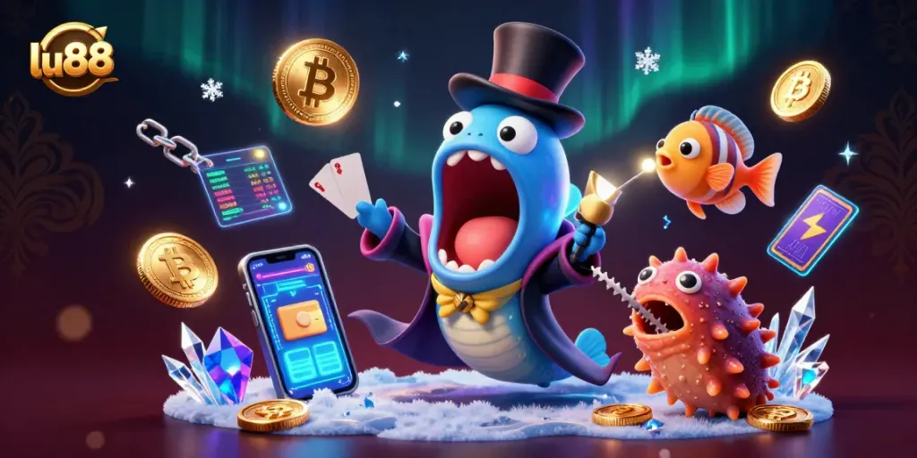 Experience thrilling magic with lu88 as a deep-sea creature performs card tricks in an underwater casino scene.