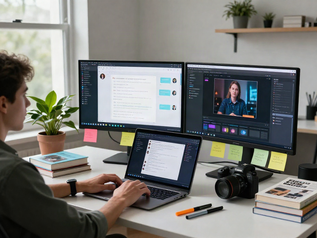 Engaging AI chat nsfw conversation in a modern tech workspace with dual monitors and creative digital elements.