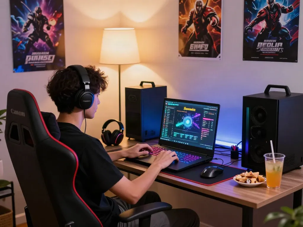 Gamer enjoying a gaming session on https://sunwint4.com/ with a vibrant interior and gaming setup.