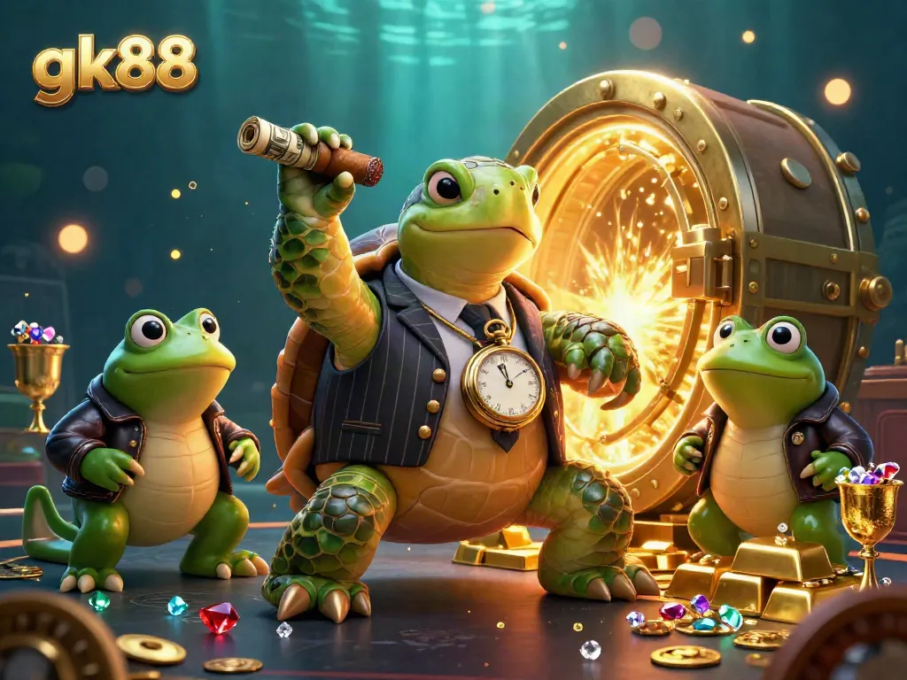 Engaging gk88 casino scene with a snapping turtle mobster and bullfrog enforcers, gold treasures abound.