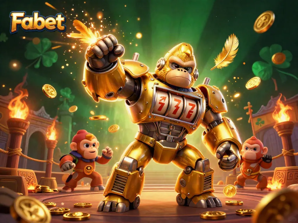 Experience Fabet with a dynamic robot gorilla celebrating big wins in a casino.