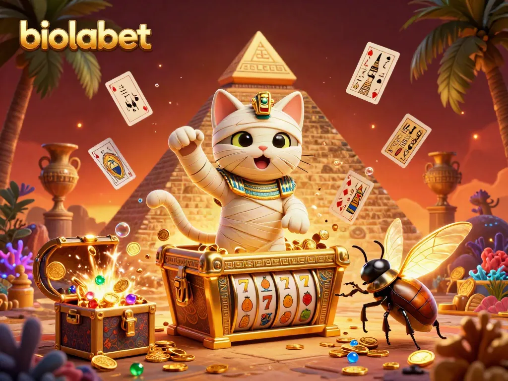 Experience the excitement with biolabet in a vibrant, animated casino scene featuring an Egyptian mummy cat and glowing scarab.