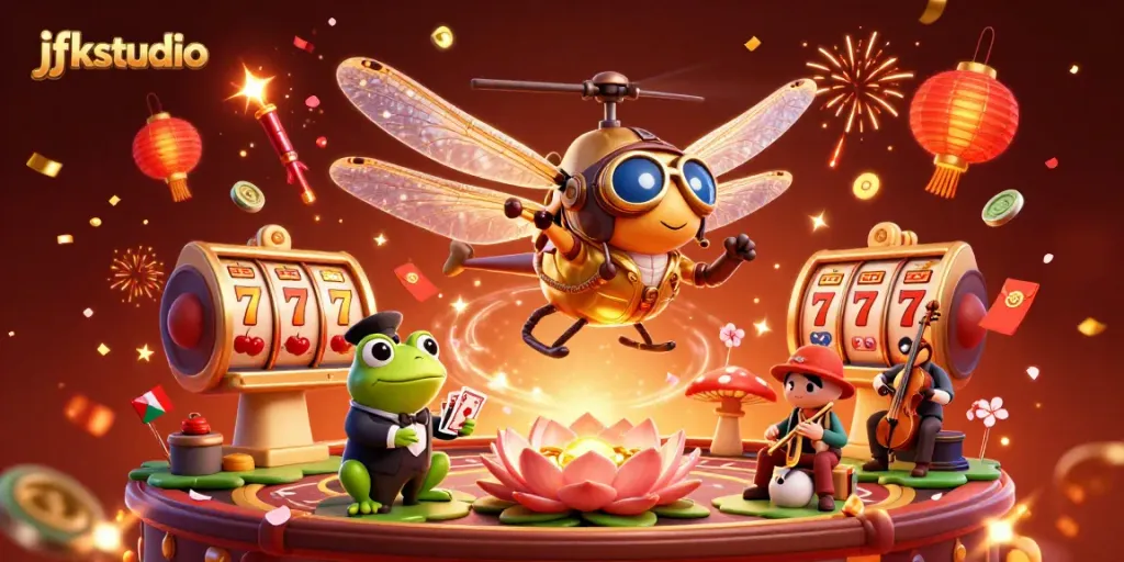 Experience gripping gameplay at jfkstudio with a vibrant casino scene featuring lucky slot reels.