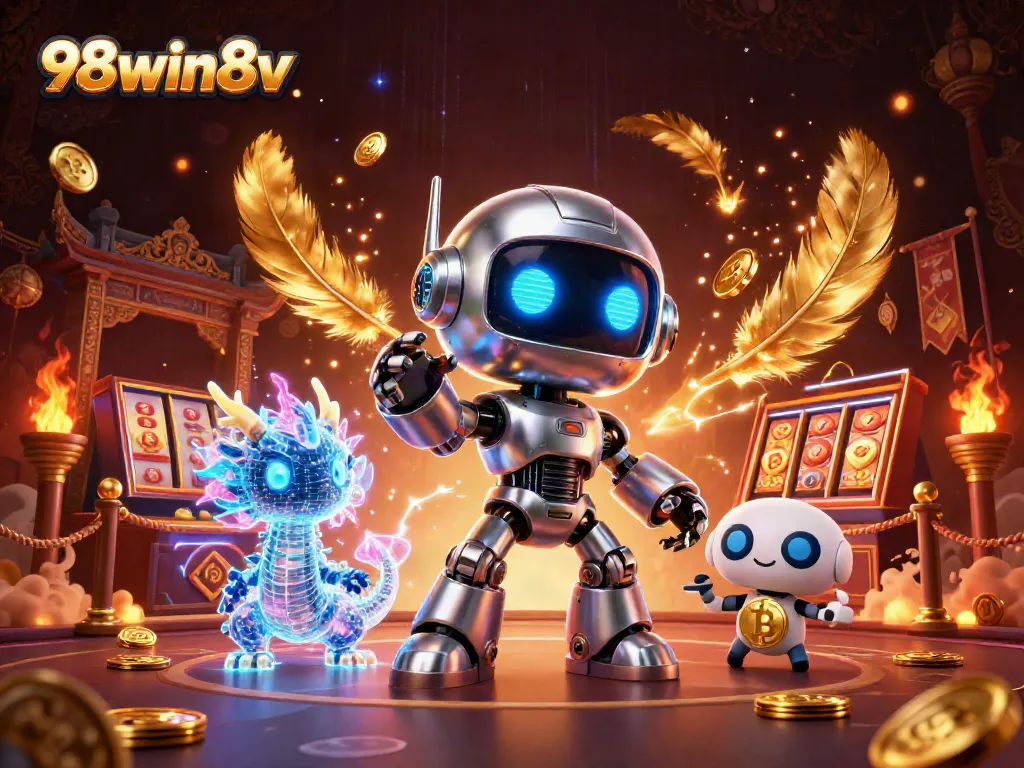 Engage with thrilling gameplay at 98win8v featuring a cyberpunk robot and a bitcoin drone in a vibrant casino setting.