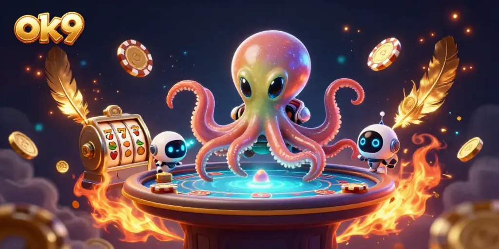 Engage in epic gambling action with ok9 at a vibrant 3D alien casino.