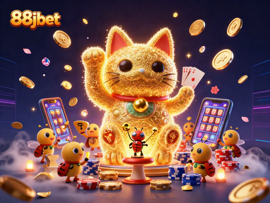 Experience the excitement of 88jbet with a golden lucky cat and vibrant casino visuals.