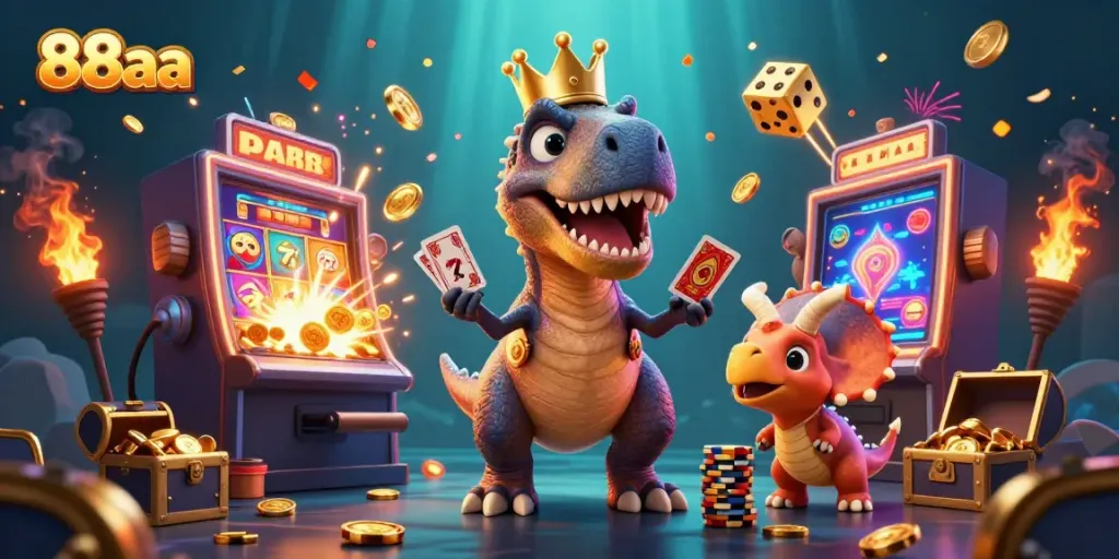 Experience the thrill of 88aa with playful dinosaurs in a lively casino scene.