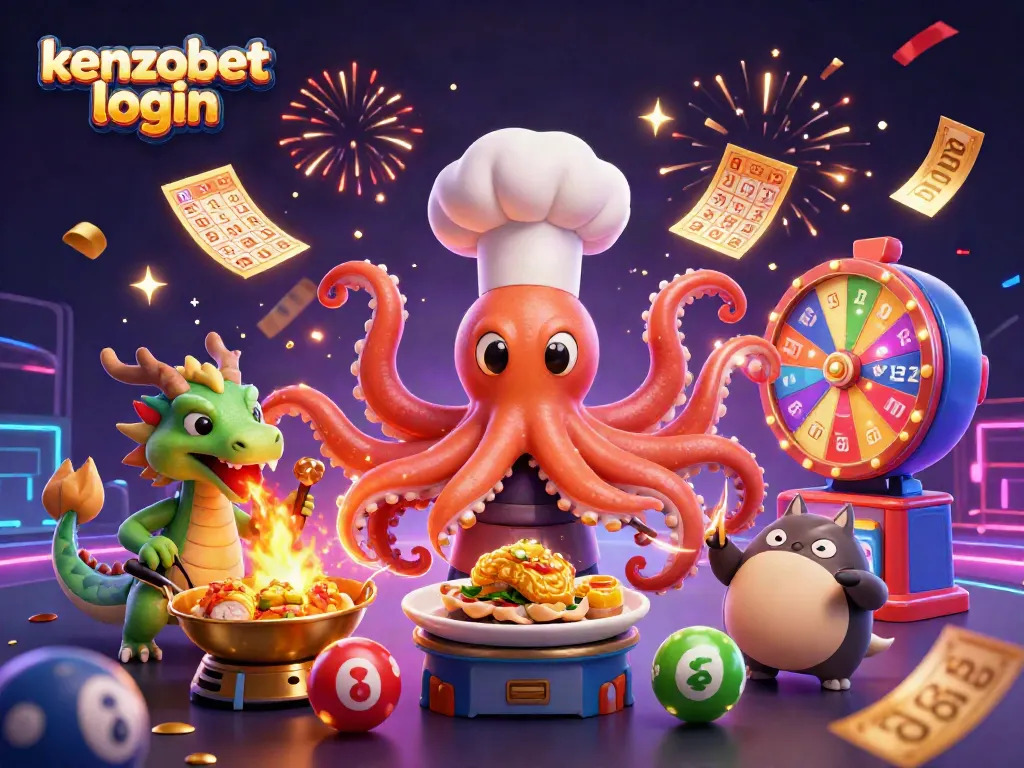 Experience engaging gaming with kenzobet login, featuring vibrant illustrations of a sushi chef octopus and games galore.