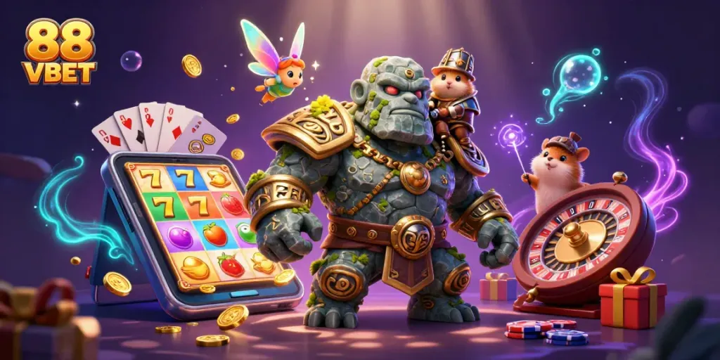 Engage with 88 VBET's vibrant casino illustration showcasing dynamic gaming elements and characters.