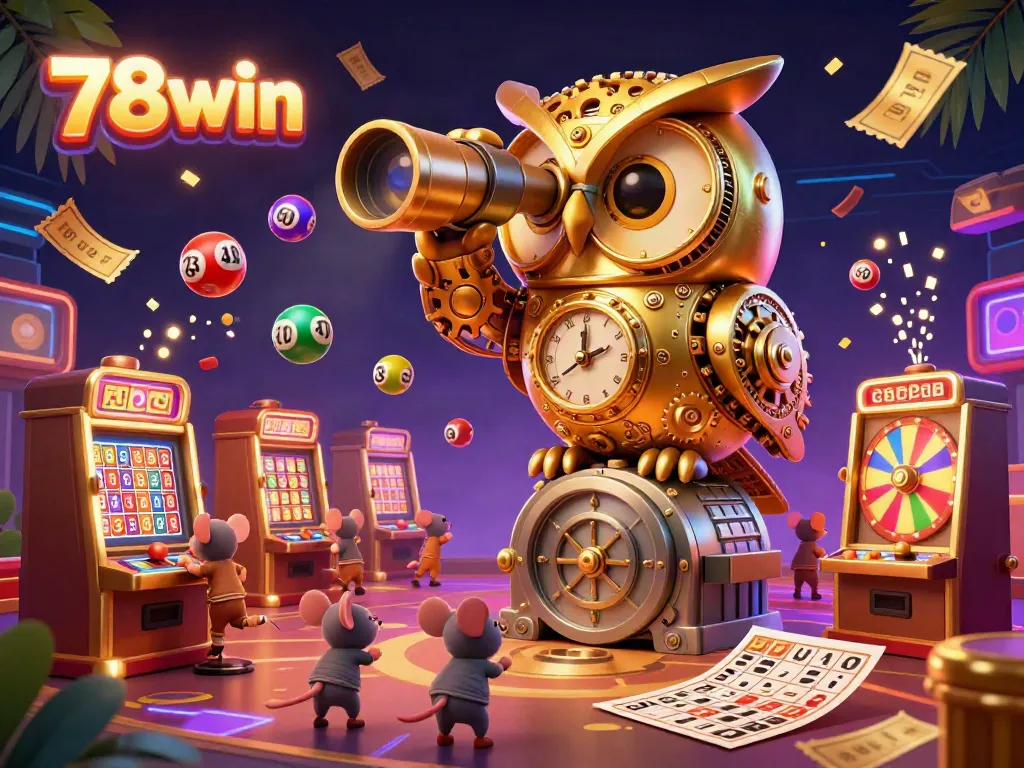 Experience the thrill of 78win with vibrant casino scenes filled with dynamic elements and colorful lottery games.