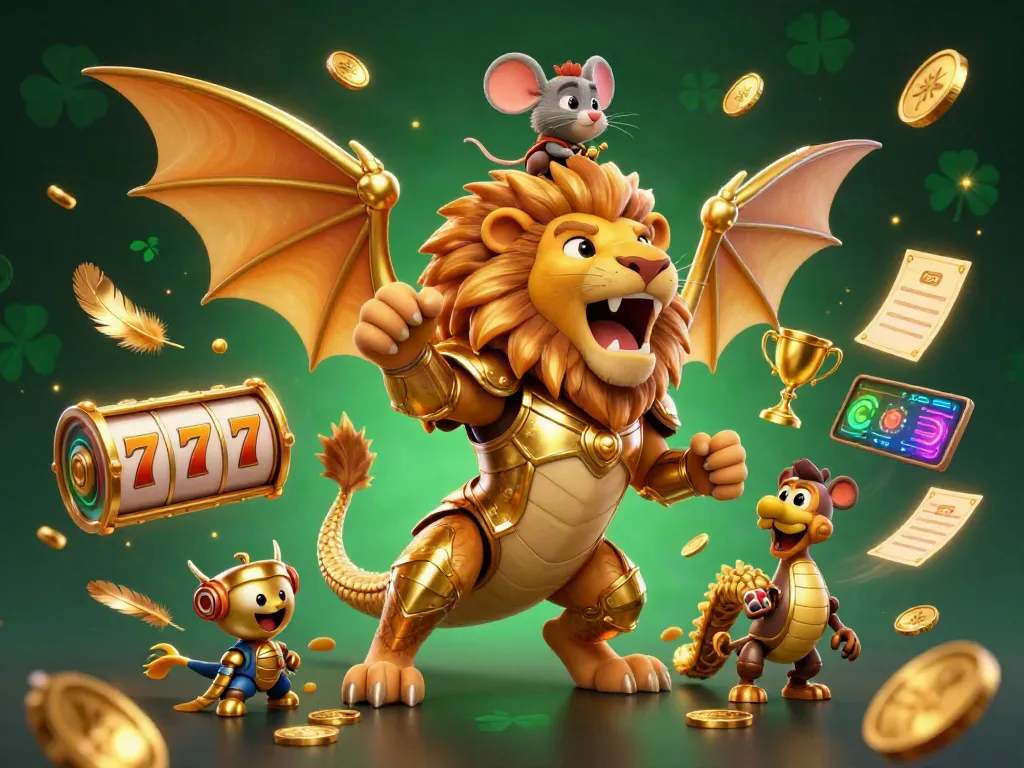 Antara88 showcases a golden chimera creature with a mouse jockey, slot reels, and dynamic casino elements.