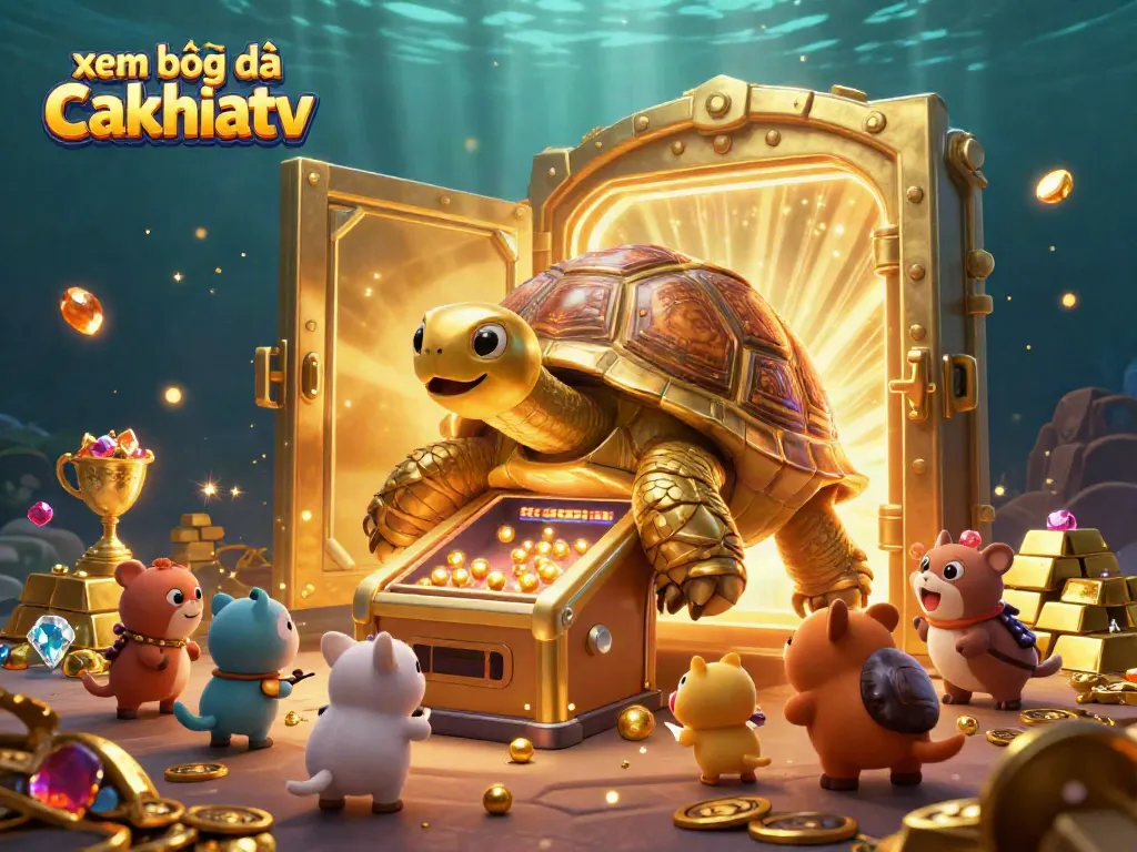 Engaging 3D cartoon image of xem bóng đá cakhiatv featuring a golden tortoise pinball machine amidst treasure and jewels.