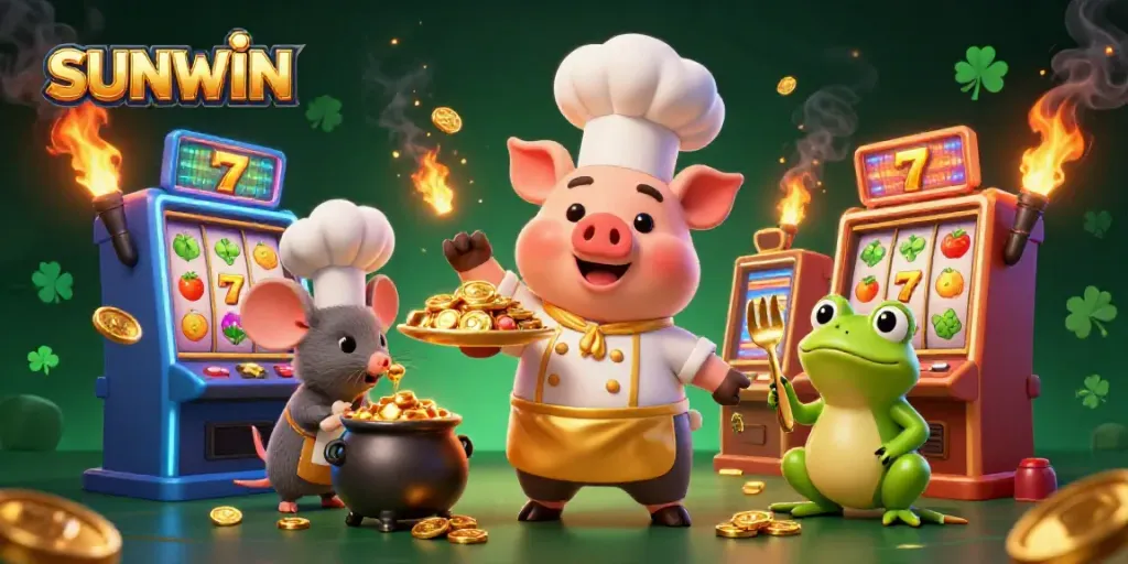 SUNWIN's vibrant casino scene showcases chef pig and friends amid slot machines and golden coins.