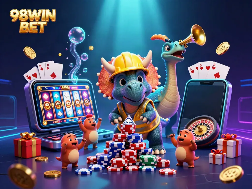 Experience excitement with 98WIN BET featuring a colorful casino celebration scene filled with games and characters.