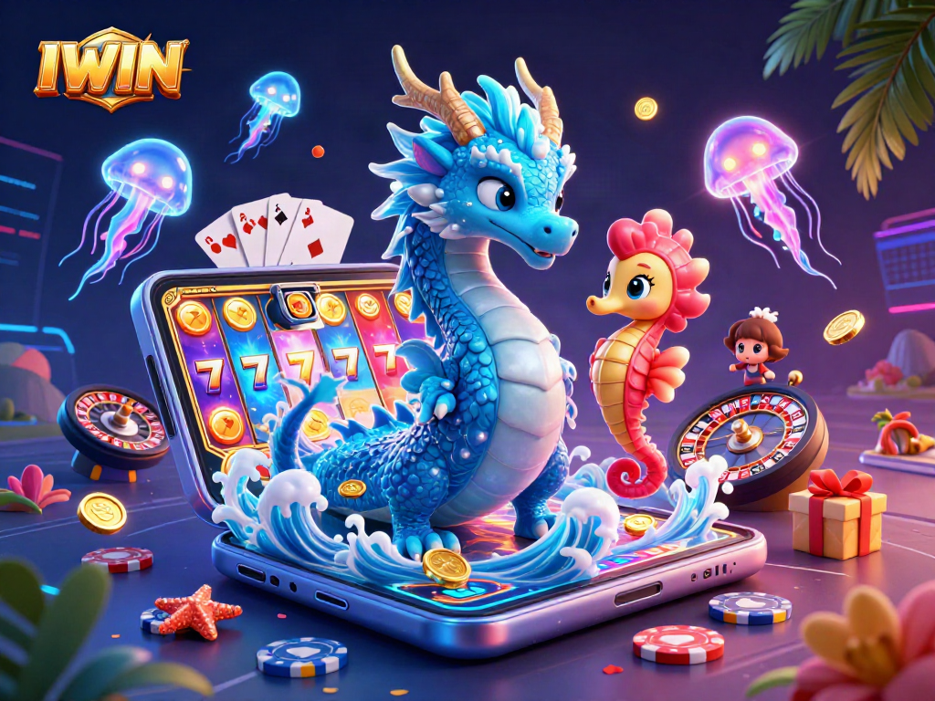 IWIN showcases thrilling slot gameplay with a vibrant water dragon and colorful casino elements.