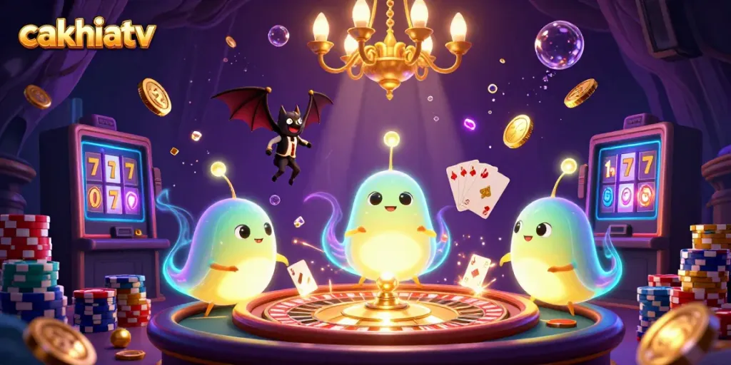 Cakhiatv illuminates an exciting cave casino with glowworm characters, vibrant game elements, and golden treasures.