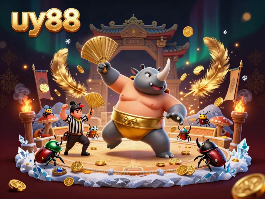 uy88 showcases a vibrant scene with a sumo beetle champion unleashing golden coins in a dynamic gambling environment.