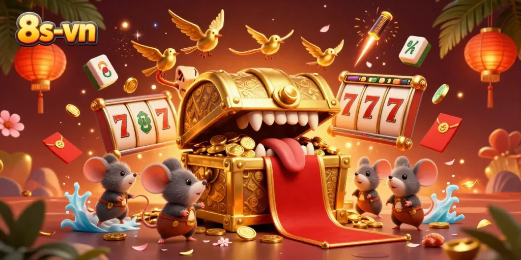 Experience the thrilling allure of 8s-vn with adventurer mice and gold-filled treasures in a vibrant casino scene.