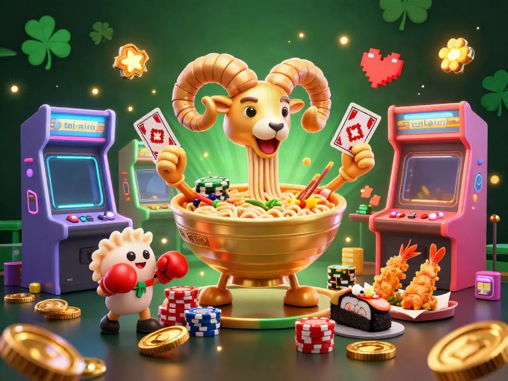 Engage in the excitement of tai-xiu with a dynamic casino-themed illustration featuring a golden ramen bowl dealer.