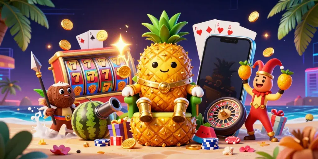 Permainan situs gacor yang menampilkan raja nanas emas dan jester di kasino pantai.
