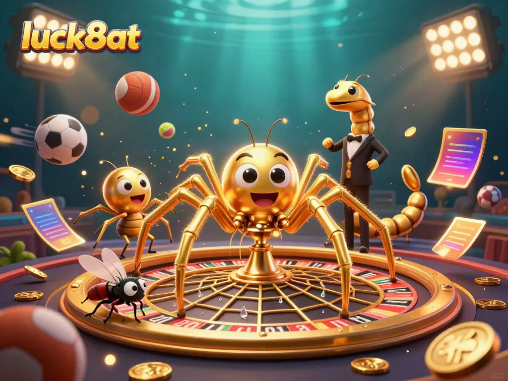 Experience immersive gaming with luck8at in a vibrant gambling scene featuring a roulette web and sports elements.
