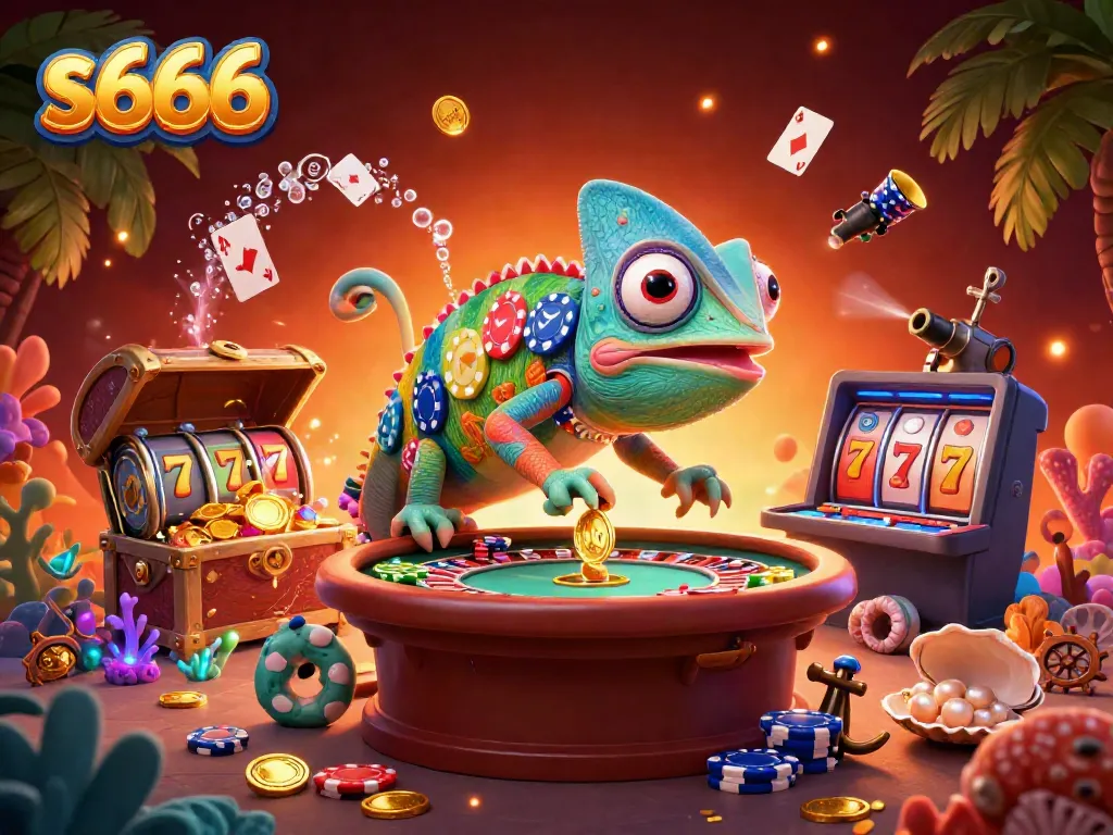 Experience exciting gameplay at s666, featuring a colorful chameleon casino owner among gold coins and slot reels.