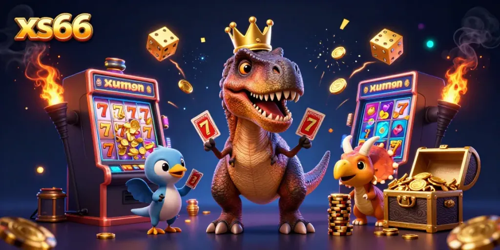 Engage with xs66's exciting casino scene featuring a T-Rex shuffling cards and vibrant game elements.