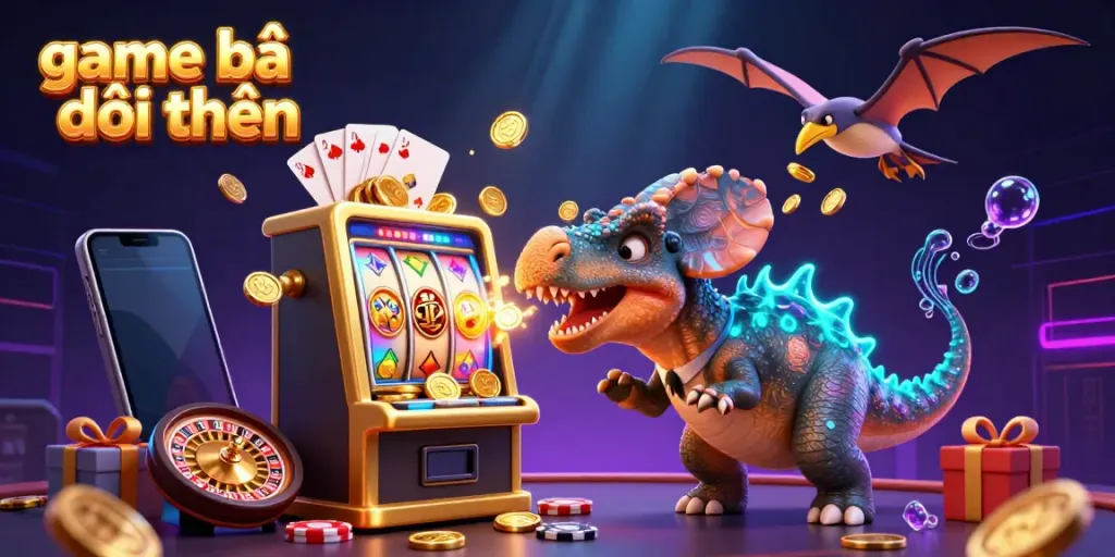 Experience dynamic thrill with game bài đổi thưởng as cartoon dinosaurs interact in a vibrant casino atmosphere filled with winning coins and colorful games.