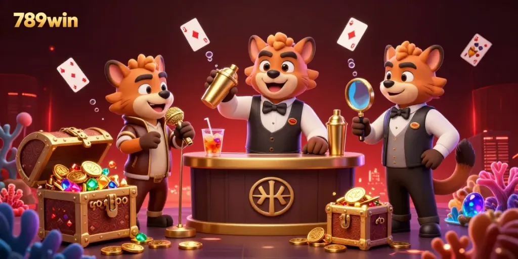 Experience the vibrant comedy casino scene of 789win with playful hyenas, gold coins, and sparkling gems.