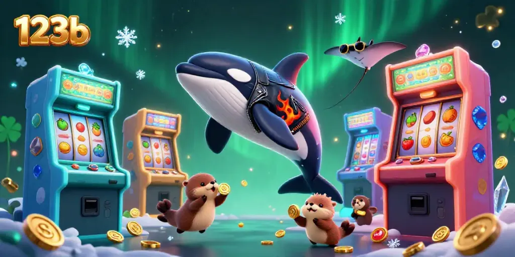 Engaging 123b casino scene featuring a whale, stingray, and otters with slot reels and golden coins.