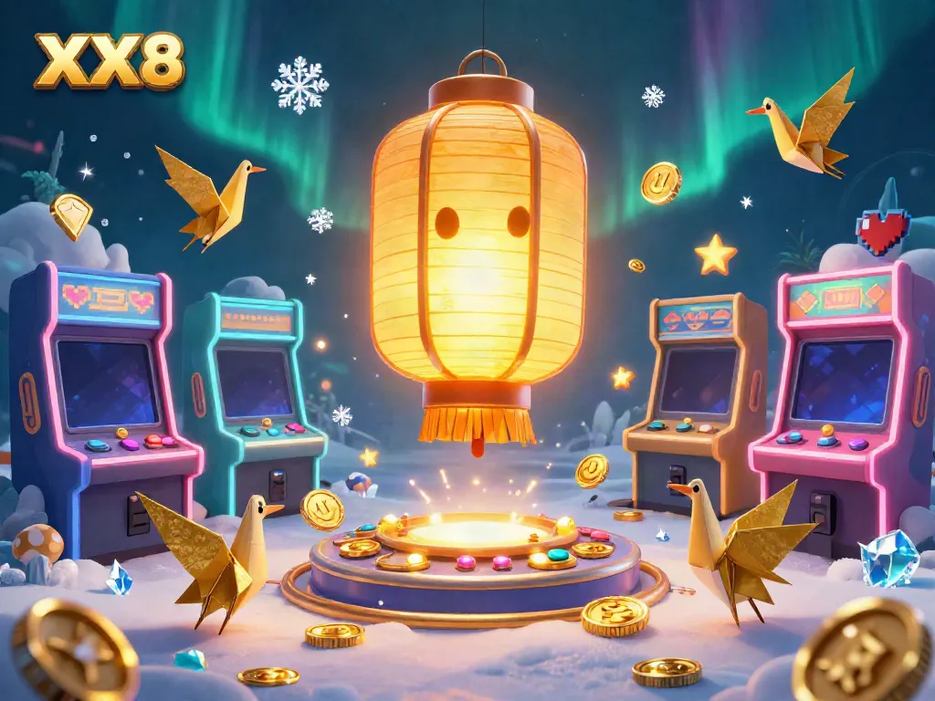 Experience the excitement of gaming at XX8 with vibrant arcade machines and mythical lanterns in a dazzling casino.