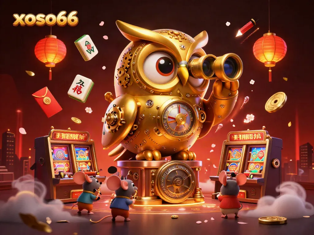 Experience exhilarating gaming at xoso66 with a lively scene of a golden owl observing gamers amidst copious slot machines.