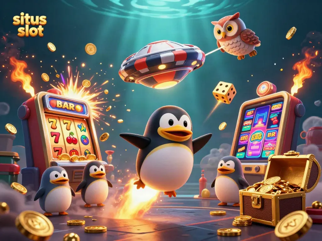 Engage with situs slot as a golden penguin rockets towards a jackpot explosion in a vibrant casino space.