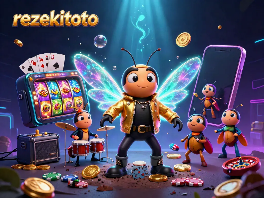 Experience the thrill of rezekitoto with a cartoon rock star and vibrant casino elements.