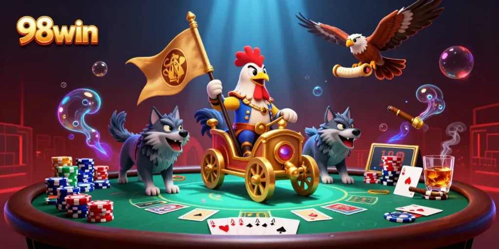 Witness the 98win poker battle with a rooster warlord and vibrant gaming elements.