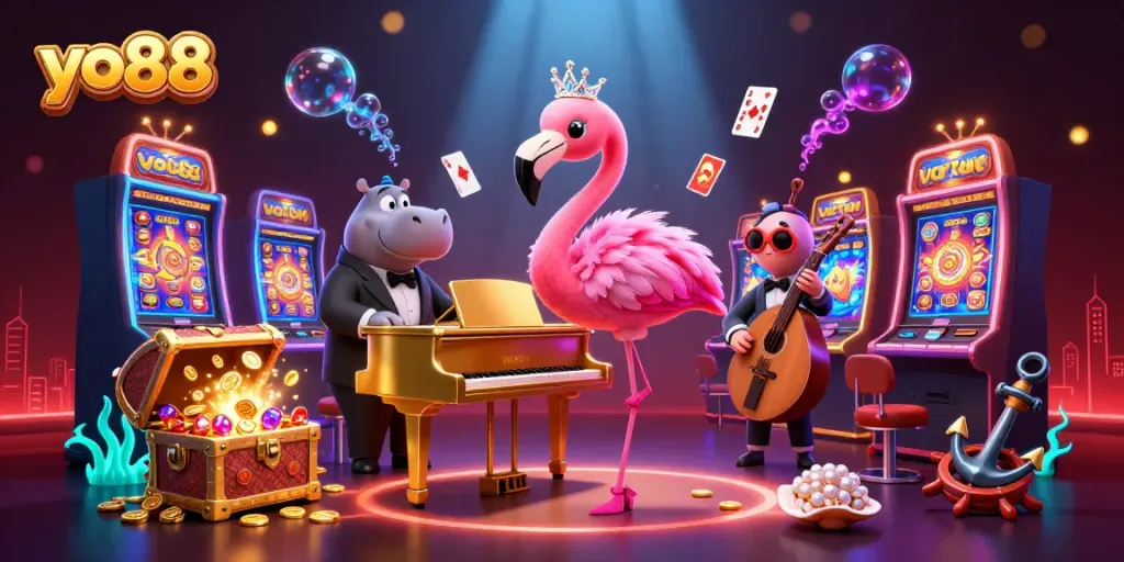 Experience the vibrant energy of yo88 with a lively casino scene featuring a flamingo singer and playful characters.