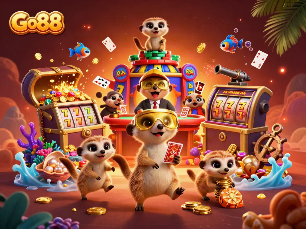 Engage with Go88's vibrant casino world featuring meerkats in an action-packed gaming scene.