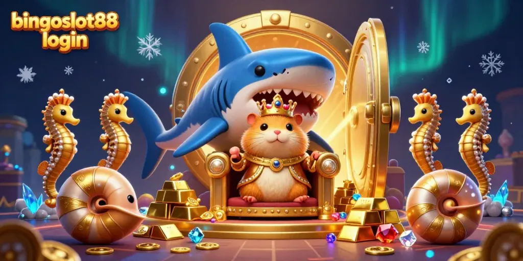 Masuki keseruan bingoslot88 login dengan ilustrasi kasino yang memikat, menunjukkan raja hamster di tahta gigi hiu megalodon.