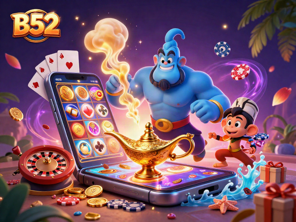 B52 puts a spin on gambling with an enchanting illustration featuring a genie, magic carpet, and vibrant casino elements.