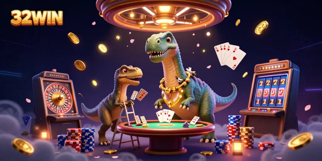 Experience the thrill of gaming at 32WIN with a dynamic casino scene featuring a brontosaurus and raptor.