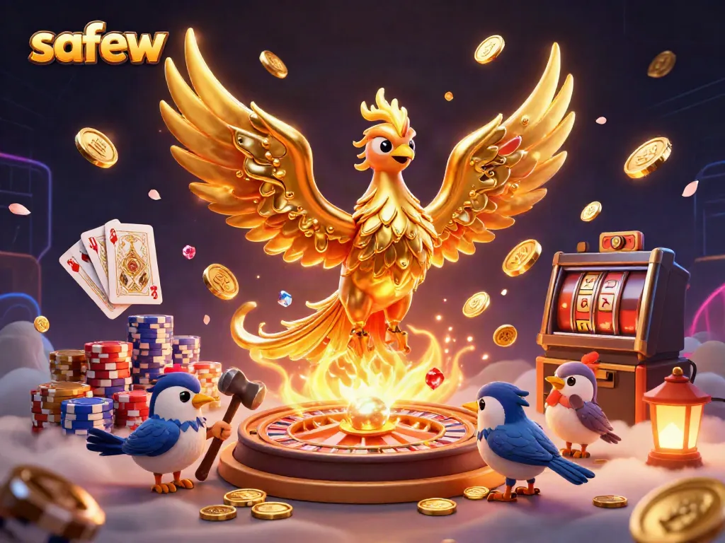 Experience a vibrant gambling scene with safew featuring a golden phoenix, cascading coins, and poker elements.