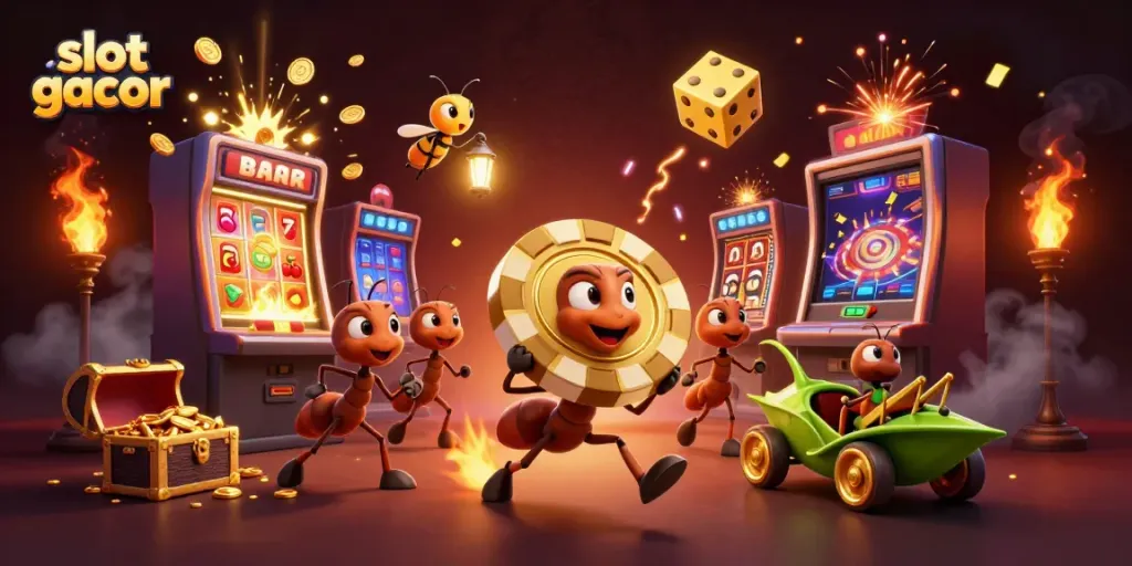 Gambar slot gacor menampilkan karakter lucu serta mesin slot berkilau yang eksplosif.