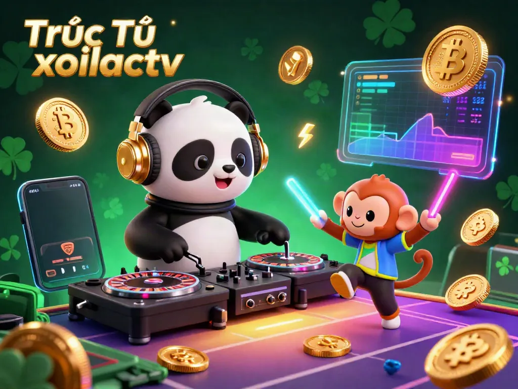 Experience the thrill of Trực Tiếp xoilactv with vibrant characters and dynamic crypto elements in a lively gambling scene.